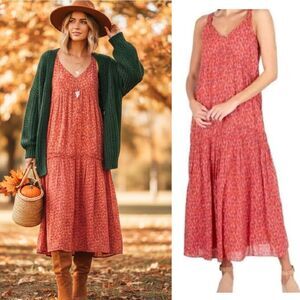 JOIE Tea Rose Red Floral Sleeveless Tiered Cotton Maxi Dress Large NWT